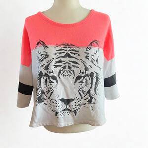 Aerosoles Womens Small Y2k Tiger Print Quarter Sleeve Pink/Black Crop Top